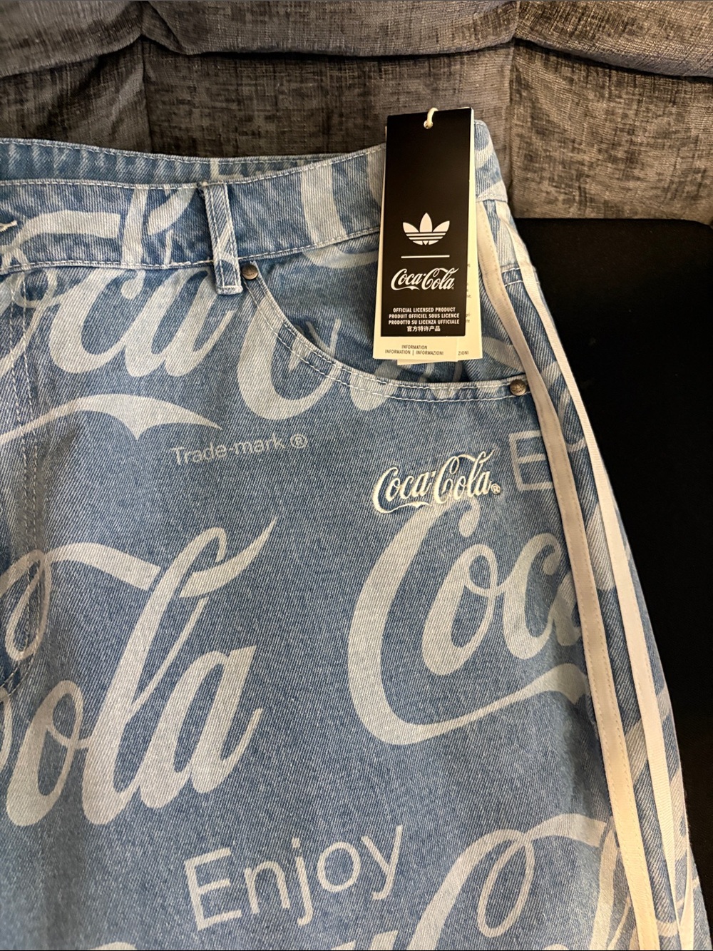 Adidas,Coca-Cola Light Blue & White Logo Denim Jorts, Brand new,cut small - Picture 3 of 6